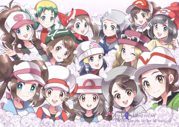 Rule 34 | 6+girls, akari (pokemon), bandana, baseball cap, beanie, black hair, black shirt, black vest, blonde hair, blue eyes, blue hair, blue overalls, blue shirt, blush, bow, brown eyes, brown hair, cardigan, closed mouth, collarbone, commentary request, dawn (pokemon), donut hair bun, double bun, elaine (pokemon), eyewear on headwear, galaxy team survey corps uniform, gloria (pokemon), green hat, grey cardigan, grey eyes, hair bun, hair ornament, hairclip, harmony (pokemon), hat, hat bow, headscarf, high ponytail, hilda (pokemon), jacket, juliana (pokemon), kris (pokemon), leaf (pokemon), long hair, looking at viewer, lyra (pokemon), may (pokemon), morisawa machi, multiple girls, nintendo, one eye closed, open clothes, open mouth, open vest, overalls, pink hat, pokemon, pokemon black and white, pokemon black 2 and white 2, pokemon diamond/pearl/platinum, pokemon firered and leafgreen, pokemon gold/silver/crystal, pokemon heartgold and soulsilver, pokemon legends: arceus, pokemon legends: z-a, pokemon: let's go pikachu! and let's go eevee!, pokemon ruby/sapphire/emerald, pokemon sun and moon, pokemon sword and shield, pokemon x and y, ponytail, raglan sleeves, red bandana, red hat, red scarf, red shirt, ribbon, rosa (pokemon), scarf, selene (pokemon), serena (pokemon), shirt, short hair, short sleeves, sidelocks, smile, teeth, twintails, vest, visor cap, white-framed eyewear, white hat, white headscarf, white shirt, wristband, yellow hat, yellow shirt