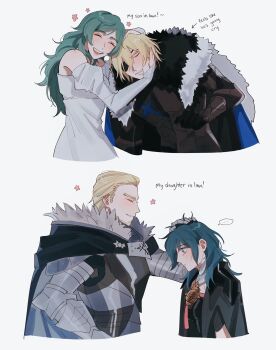 ... 2boys 2girls armor black_armor black_gloves blonde_hair blue_coat blush breasts closed_eyes coat commentary dimitri_alexandre_blaiddyd dimitri_alexandre_blaiddyd_(timeskip) embarrassed english_text eyepatch father-in-law_and_daughter-in-law female_byleth_(fire_emblem) fire_emblem fire_emblem:_three_houses from_side frown fur-trimmed_coat fur_trim gloves green_hair hand_on_another&#039;s_head happy headpat height_difference highres hug lambert_egitte_blaiddyd long_hair male_focus medium_breasts medium_hair mother-in-law_and_son-in-law multiple_boys multiple_girls nintendo seirorath short_hair sitri_(fire_emblem) symbol-only_commentary teeth time_paradox upper_teeth_only