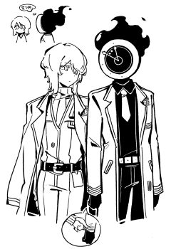 Rule 34 | 1girl, 1other, belt, chinese commentary, chinese text, coat, collared shirt, commentary request, cowboy shot, dante (limbus company), dated commentary, faust (project moon), flaming head, greyscale, highres, ivy (675671), lapels, limbus company, long sleeves, monochrome, necktie, notched lapels, object head, pants, project moon, shirt, speech bubble, thought bubble, translation request, vest