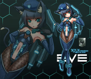 Rule 34 | 1girl, animal ear fluff, animal ears, aqua background, arm behind back, armpits, bare shoulders, beret, black gloves, black hair, blue boots, blue eyes, blue hat, blue leotard, blue sleeves, blunt bangs, boots, breasts, brown pantyhose, cameltoe, capital ship (eve online), carrier (eve online), cat ears, cat girl, cat tail, collarbone, combat ship (eve online), commentary request, copyright logo, copyright name, creodron (eve online), dated, detached sleeves, electronic warfare ship (eve online), eve online, fishnet pantyhose, fishnets, full body, gallente federation (eve online), gloves, glowing, glowing eyes, glowing footwear, gluteal fold, hand up, hat, head tilt, heavy fighter (eve online), hexagon, holding, honeycomb (pattern), honeycomb background, leotard, logo, looking at viewer, mecha musume, medium breasts, navel, nyx (eve online), pantyhose, partial commentary, personification, science fiction, short hair, slit pupils, solo, spacecraft, starfighter, stomach, super capital ship (eve online), supercarrier (eve online), tail, thigh boots, thigh gap, zoom layer