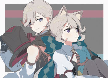 Rule 34 | 1boy, 1girl, animal ears, back-to-back, black hat, black pantyhose, blue eyes, bow, brother and sister, cat ears, detached sleeves, facial mark, genshin impact, grey hair, hat, holding, holding unworn clothes, holding unworn hat, lynette (genshin impact), lyney (genshin impact), multicolored hair, mxkjxm (nhss2337), pantyhose, purple eyes, siblings, simple background, star (symbol), star facial mark, streaked hair, teardrop facial mark, top hat, unworn hat, unworn headwear