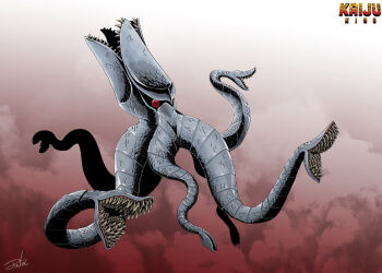 alien black_sclera colored_sclera daiei_motion_picture english_text extra_mouth extra_teeth full_body gamera_(series) gamera_vs._viras gugenheim98 horizontal_pupils kaiju monster monster_focus no_humans red_eyes redesign sharp_teeth signature solo squid teeth tentacles viras