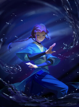 1girl absurdres avatar:_the_last_airbender avatar_legends blue_background blue_eyes blurry braid braided_ponytail chow_(artist) dark-skinned_female dark_skin depth_of_field element_bending female_focus fighting_stance highres hydrokinesis jewelry katara looking_at_viewer md5_mismatch necklace ponytail resolution_mismatch single_braid solo source_smaller water