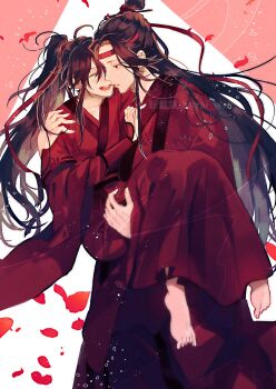 Rule 34 | 2boys, ahoge, alternate costume, amana raika, barefoot, bishounen, black hair, carrying, chinese clothes, chinese wedding, closed eyes, closed mouth, commentary request, couple, dress, falling petals, hair ribbon, hanfu, headband, highres, husband and husband, lan wangji, light particles, long hair, long sleeves, looking at another, male focus, modao zushi, multiple boys, open mouth, petals, ponytail, princess carry, red hanfu, red headband, red petals, red ribbon, ribbon, robe, sidelocks, smile, topknot, watermark, wedding dress, wei wuxian, white background, wide sleeves, xiao guan (headdress), yaoi