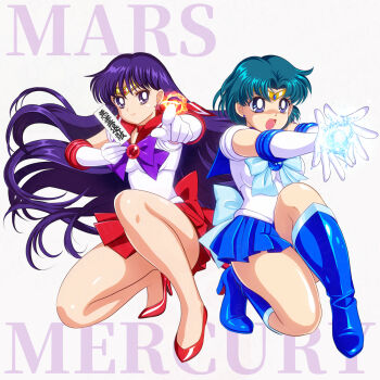 1girl aiming archery back_bow bishoujo_senshi_sailor_moon black_hair blue_boots blue_bow blue_bowtie blue_choker blue_eyes blue_hair blue_sailor_collar blue_skirt blue_theme boots border bow bowtie brooch character_name choker circlet closed_mouth commentary_request dated earrings elbow_gloves full_body gloves high_heel_boots high_heels highres hino_rei inner_senshi jewelry knee_boots long_hair magic magical_girl miniskirt mizuno_ami ofuda on_one_knee open_mouth parted_bangs pirochi pleated_skirt pumps purple_eyes purple_hair red_sailor_collar red_shoes red_skirt sailor_collar sailor_mars sailor_mercury sailor_senshi sailor_senshi_uniform shine_aqua_illusion shoes short_hair skirt smile solo stud_earrings text_background thick_thighs thighs v-shaped_eyebrows white_border white_gloves