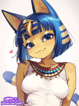 1girl :3 animal_crossing animal_ears ankha_(animal_crossing) arms_at_sides artist_name bare_shoulders black_eyes blonde_hair blue_eyeliner blue_hair blunt_bangs bob_cut body_fur breasts breasts_apart cat_ears cat_girl cat_tail chromatic_aberration closed_mouth dress eyeliner fang fang_out female_focus furry furry_female hair_ornament half-closed_eyes happy heart looking_at_viewer medium_breasts multicolored_hair nintendo patreon_username sidelocks signature simple_background sleeveless sleeveless_dress smile snake_hair_ornament solo suahh tail two-tone_hair upper_body usekh_collar watermark web_address white_background white_dress yellow_fur