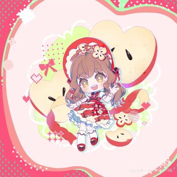 1girl apple apple_slice aqua_outline black_bow bonnet bow bowtie bright_pupils brown_eyes brown_hair bubble_skirt capelet chibi chinese_commentary commentary_request dress eyelashes food food-themed_clothes food-themed_hair_ornament footwear_bow frilled_capelet frilled_dress frilled_sleeves frilled_socks frills fruit gloves hair_between_eyes hair_ornament hair_ribbon halftone halftone_background happy hat hat_bow heart infinity_nikki kneehighs lace_wrist_cuffs light_blush long_hair looking_at_viewer low_twintails mary_janes medium_dress nikki_(series) open_mouth outline pinafore_dress pink_background puffy_short_sleeves puffy_sleeves red_bonnet red_bow red_bowtie red_dress red_ribbon red_shoes ribbon ribbon-trimmed_dress ribbon_trim sample_watermark shirt shoes short_sleeves skirt sleeveless sleeveless_dress smile socks solo striped_bow striped_clothes striped_dress sweet_memories_(infinity_nikki) tareme teeth twintails two-tone_dress upper_teeth_only watermark waving wavy_hair white_capelet white_dress white_gloves white_pupils white_shirt white_socks white_wrist_cuffs wrist_cuffs yuqing99999