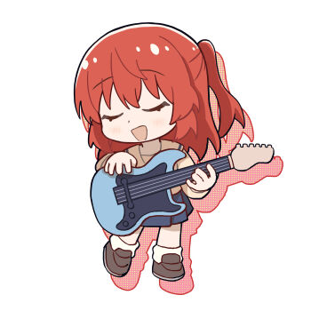 1girl :d absurdres blue_skirt blush bocchi_the_rock! brown_cardigan brown_shoes cardigan chibi chibi_only chinese_commentary closed_eyes commentary_request drop_shadow full_body guitar highres holding holding_guitar holding_instrument instrument kita_ikuyo long_hair long_sleeves one_side_up open_mouth pleated_skirt red_hair school_uniform shoes shuka_high_school_uniform simple_background skirt smile socks solo standing tianqiyubao_euc white_background white_socks