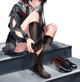 1girl black_hair chisa_(wuthering_waves) feet highres loafers long_hair looking_at_viewer open_mouth panties pantyshot prev/next red_eyes see-through_clothes see-through_legwear shoes socks soles steam sweat toes underwear unworn_shoes wuthering_waves