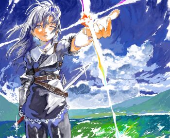 1girl abstract absurdres armor belt black_pants black_shirt blue_eyes blue_hair blue_sky breastplate brown_belt character_request check_character check_copyright cloud copyright_request cowboy_shot floating_hair gloves grass highres ketsuman-ko!! looking_at_object metal_gloves one_eye_closed original outstretched_arm pants parted_lips puffy_sleeves reaching reaching_towards_viewer shirt single_glove sky sparkle sword weapon