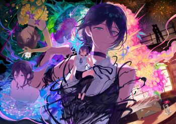 1girl absurdres black_choker black_ribbon chainsaw_man choker collared_shirt explosion explosion_background green_eyes grenade_pin hair_between_eyes hair_bun highres hyeon_0613 imminent_explosion neck_ribbon pull_cord reze_(chainsaw_man) ribbon shirt shirt_tucked_in single_hair_bun sleeveless sleeveless_shirt