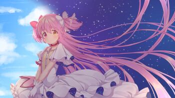 1girl absurdly_long_hair asymmetrical_clothes blue_sky bubble_skirt buttons choker closed_mouth cloud cloudy_sky collarbone day dot_nose dress dual_persona expressionless flat_chest floating_hair frilled_skirt frilled_sleeves frills fusion gloves heterochromia highres kaname_madoka kaname_madoka_(magical_girl) layered_dress layered_sleeves light_blush long_dress long_hair looking_at_viewer mahou_shoujo_madoka_magica mahou_shoujo_madoka_magica_(anime) narrow_waist pink_eyes pink_hair pink_ribbon puffy_short_sleeves puffy_sleeves red_choker ribbon ribbon_choker ruru_(rurumagi) short_sleeves sidelighting skirt sky solo soul_gem space split_screen star_(sky) starry_sky straight_hair two_side_up ultimate_madoka upper_body v_arms very_long_hair white_dress white_gloves white_ribbon white_skirt wide-eyed wide_sleeves yellow_eyes