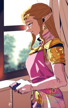 Rule 34 | 1girl, blonde hair, blue eyes, dress, earrings, elbow gloves, from side, gloves, holding, holding instrument, indoors, instrument, jewelry, long hair, nintendo, ocarina, parted lips, pauldrons, pointy ears, princess zelda, rani grb, shoulder armor, solo, the legend of zelda, the legend of zelda: ocarina of time, tiara, triforce, upper body, window