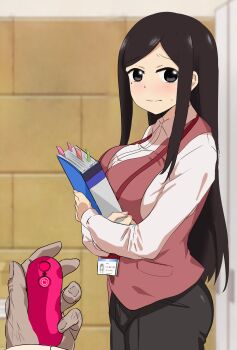 1girl absurdres black_eyes black_hair blouse book breasts controller ero_daisuki highres holding holding_book large_breasts long_hair looking_at_viewer office_lady pants remote_control remote_control_vibrator sakurai_touko senpai_ga_uzai_kouhai_no_hanashi sex_toy shirt vest vibrator wireless_sex_toy_controller