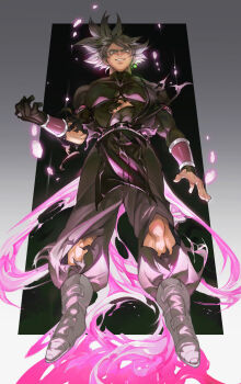1boy absurdres black_gloves black_hair black_pants boots border bracer commentary_request covered_pectorals crimson-masked_saiyan dragon_ball dragon_ball_heroes dragon_ball_super earrings energy evil_grin evil_smile from_below full_body gloves glowing glowing_earrings goku_black gradient_border grey_eyes grin highres jewelry kkyingdd looking_at_viewer looking_down male_focus multiple_armlets muscular muscular_male pants pectorals potara_earrings ring shirt short_hair single_earring single_glove smile solo spiked_hair teeth thick_eyebrows torn_clothes torn_pants torn_shirt turtleneck white_boots