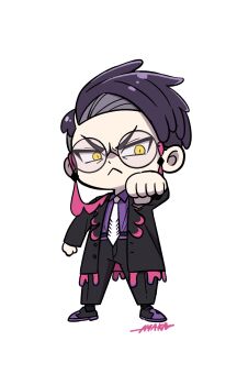 1boy :&lt; arm_up ayakadegozans black_coat black_pants black_shoes clenched_hand coat collared_shirt commentary_request constricted_pupils corbeau_(pokemon) deformed dot_nose full_body highres lapels long_sleeves male_focus necktie nintendo pants parted_hair pokemon pokemon_legends:_z-a purple_hair purple_shirt shirt shirt_tucked_in shoes short_hair simple_background solo standing v-shaped_eyebrows white_background white_necktie wing_collar yellow_eyes