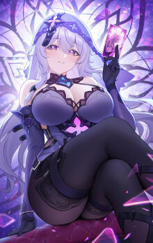1girl absurdres bare_shoulders black_gloves black_swan_(honkai:_star_rail) blush boots breasts broken_glass card cleavage couch crossed_legs curvy elbow_gloves fukuro_daizi glass gloves hair_between_eyes highres holding holding_card honkai:_star_rail honkai_(series) large_breasts long_hair looking_at_viewer pantyhose purple_eyes purple_hair sitting smile solo tarot thick_thighs thigh_boots thigh_strap thighs veil wide_hips