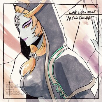 1girl blue_skin closed_mouth colored_sclera colored_skin from_side highres hood hood_up looking_at_viewer midna midna_(true) nintendo orange_hair red_eyes sakuya_996 smile solo the_legend_of_zelda the_legend_of_zelda:_twilight_princess twitter_username upper_body yellow_sclera