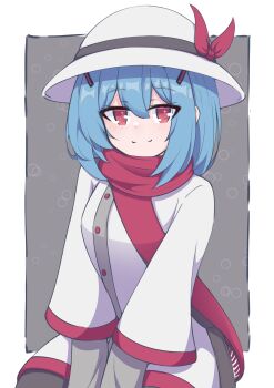 1girl absurdres blue_hair blush colphne_(girls'_frontline_2) commentary girls'_frontline girls'_frontline_2:_exilium hair_between_eyes hair_ornament hairclip hat hat_ribbon highres jacket looking_at_viewer medium_hair red_eyes red_ribbon red_scarf ribbon risu_(risu028) scarf smile solo v_arms white_hat white_jacket