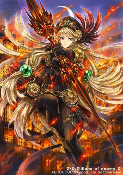 1girl arrow_(symbol) black_bodysuit black_gloves black_hat blonde_hair bodysuit bow_(weapon) burning burning_building closed_mouth copyright_notice crescent_moon earrings fire gandiva_(z/x) gloves goggles goggles_on_headwear green_eyes hagiya_kaoru hair_ornament hat hat_feather heterochromia holding holding_bow_(weapon) holding_weapon jewelry long_hair moon official_art outdoors purple_eyes solo weapon z/x