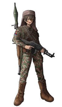 Rule 34 | 1girl, absurdres, ammunition belt, anahid andranik, arakhchin, armenian clothes, armenian flag, boots, bosnian war, brown boots, camouflage, camouflage jacket, camouflage pants, commission, commissioner upload, dark-skinned female, dark skin, fang, fur vest, gun, highres, holding, holding gun, holding weapon, jacket, jashin gopnik, light machine gun, looking at viewer, machine gun, military, military combat uniform, military fatigues, military uniform, nagorno-karabakh war, non-web source, original, pants, republika srpska, rocket launcher, rpg, rpg-7, rpg (weapon), rpk, serbian flag, skin fang, slit pupils, soldier, solo, torn clothes, torn sleeves, transparent background, trigger discipline, weapon