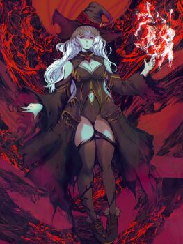 1girl black_leotard boots breasts cape casting_spell cleavage clothing_cutout fur_trim gem gold groin hat highres indie_virtual_youtuber kevin_adi large_breasts legs leotard long_hair looking_at_viewer mizuz navel_cutout outstretched_arms red_eyes red_theme solo spread_arms thighhighs thighs torn_cape torn_clothes torn_hat torn_sleeves virtual_youtuber waist_cape white_hair wide_sleeves witch witch_hat