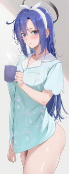 Rule 34 | 1girl, animal print, black halo, blue archive, blue shirt, blush, bottomless, bow hairband, cat print, closed mouth, commentary request, cup, from side, hair between eyes, hair down, hairband, halo, highres, holding, holding cup, long hair, looking at viewer, mug, official alternate costume, official alternate hairstyle, purple eyes, purple hair, ratsuku kinoko, shirt, smile, solo, white hairband, yuuka (blue archive), yuuka (pajamas) (blue archive)