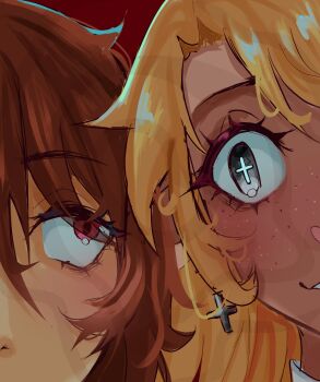 Rule 34 | 1girl, 1other, absurdres, black eyes, blonde hair, brown hair, chippiron, commentary, cross, cross-shaped pupils, cross earrings, deltarune, earrings, english commentary, eye focus, eyelashes, highres, jewelry, kris (deltarune), looking at another, looking to the side, noelle holiday, red background, red eyes, symbol-shaped pupils, utdr (toby fox)