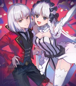 Rule 34 | 1boy, 1girl, arm up, bare shoulders, black bow, black eyes, black shorts, black vest, blush, bow, braid, breasts, cleavage, collar, colored inner hair, commentary request, detached sleeves, dress, fate/strange fake, fate (series), francesca prelati (fate), francois prelati (fate), frilled collar, frills, garter straps, grey hair, hair bow, highres, jacket, long hair, long sleeves, looking at viewer, medium breasts, multicolored hair, necktie, open mouth, panties, parted bangs, poppoman, red jacket, ringed eyes, short hair, shorts, sidelocks, smile, striped clothes, striped dress, thighhighs, underwear, very long hair, vest, white dress, white hair, white panties, white thighhighs