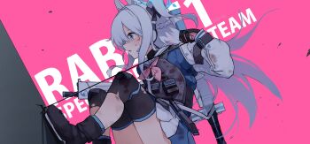 1girl animal_ear_headphones animal_ears blue_archive blue_eyes blue_halo bruise bulletproof_vest commentary english_commentary fake_animal_ears gun halo headphones highres injury miyako_(blue_archive) neckerchief osisio pink_background pink_neckerchief rabbit_ear_headphones rabbit_ears rabbit_platoon_(blue_archive) school_uniform submachine_gun suomi_kp/-31 tactical_school_uniform weapon white_hair