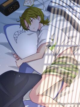1boy analog_clock clock closed_eyes enkichi_totan green_hair highres hugging_object killer_in_the_mirror male_focus sharp_teeth shirt shitakiri_souga short_shorts short_sleeves shorts shota sleeping solo stuffed_animal stuffed_shark stuffed_toy teeth white_shirt