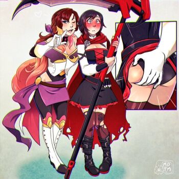 2girls ass ass_grab bare_shoulders black_dress black_hair blonde_hair blush boots breasts brown_hair cape choker cleavage clothes_lift constricted_pupils deep_skin dress elbow_gloves embarrassed full-face_blush gloves gradient_hair grey_eyes hair_ribbon long_hair medium_breasts multicolored_hair multiple_girls my_pet_tentacle_monster naughty_face one_eye_closed panties pink_hair purple_eyes red_hair ribbon ruby_rose rwby scythe shiny_skin short_hair skirt skirt_lift smile surprised thighhighs torn_clothes torn_legwear underwear very_long_hair wavy_mouth weapon wink