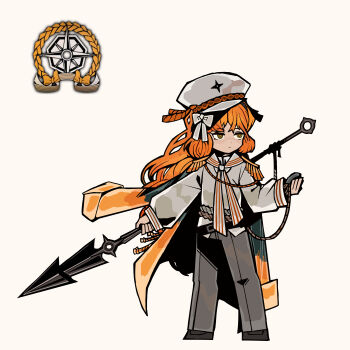 Rule 34 | absurdres, coat, coat on shoulders, commentary request, e.g.o (project moon), hair ribbon, harpoon, hat, highres, holding harpoon, ishmael (project moon), korean commentary, limbus company, long hair, orange hair, project moon, ribbon, scarf, shirt, teko1193, white background, white hat, white ribbon, white shirt, yellow eyes