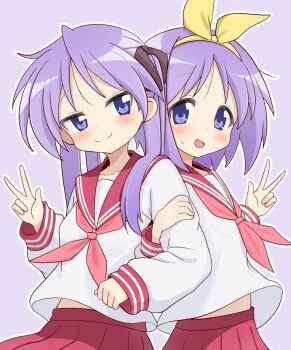 2girls :d black_ribbon blue_eyes blush bow_hairband closed_mouth collarbone commentary_request cowboy_shot hair_ribbon hairband hand_up hiiragi_kagami hiiragi_tsukasa long_hair looking_at_viewer lucky_star meisoochuu multiple_girls neckerchief open_mouth outline pleated_skirt purple_background purple_hair red_neckerchief red_sailor_collar red_skirt ribbon ryouou_school_uniform sailor_collar school_uniform serafuku short_hair siblings simple_background sisters skirt smile sweatdrop twins w white_outline yellow_hairband