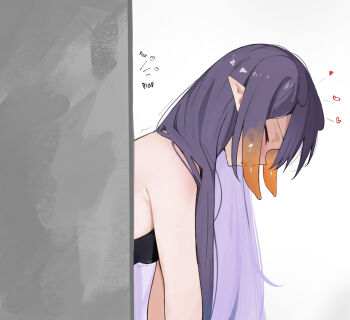 1girl bent_over black_shirt closed_eyes commentary from_side gradient_hair heart highres hololive hololive_english implied_sex ku_roiko long_hair multicolored_hair ninomae_ina'nis open_mouth orange_hair plap pointy_ears purple_hair shirt sidelocks simple_background sleeveless sleeveless_shirt solo sound_effects tentacle_hair virtual_youtuber white_background
