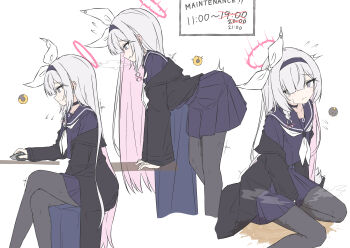 Rule 34 | 1girl, between legs, black coat, black hairband, black headband, blue archive, braid, breasts, coat, computer mouse, crossed legs, embarrassed, english text, hair over one eye, hairband, halo, hand between legs, have to pee, headband, highres, long hair, looking at viewer, mizusaki (kn27), pantyhose, pee, pee stain, peeing, peeing self, plana (blue archive), purple eyes, red halo, red pupils, ribbon, shirt, skirt, steam, sweat, urine meter, wet, wet clothes, white hair, white ribbon