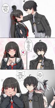 Rule 34 | 1boy, 2girls, absurdres, arm cutout, black choker, black gloves, black hair, black jacket, blake bloom (wuthering waves), blush, breasts, camellya (wuthering waves), chisa (wuthering waves), choker, clothing cutout, collarbone, commentary, embarrassed, english commentary, english text, eye contact, flying sweatdrops, gloves, grey shirt, hair ribbon, hands on another's face, heart, highres, holding, holding knife, jacket, jealous, kabedon, knife, long hair, long sleeves, looking at another, male rover (wuthering waves), medium breasts, mole, mole under eye, multiple girls, na (naneesan1), neckerchief, paid reward available, parted lips, red neckerchief, red ribbon, ribbon, rover (wuthering waves), sailor collar, shaded face, shirt, tacet mark (wuthering waves), white sailor collar, wuthering waves, yandere, yellow eyes