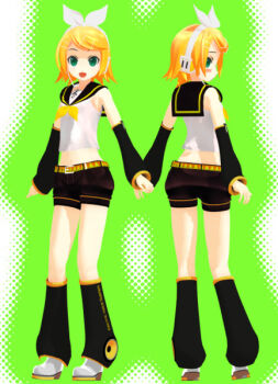 1girl 3d aqua_eyes artist_name back-to-back bare_shoulders bass_clef belt black_shorts black_sleeves blonde_hair bow collared_shirt detached_leggings detached_sleeves from_side full_body grey_shorts grey_sleeves hair_bow hair_ornament hairclip headphones headset kagamine_len kagamine_rin leg_up looking_at_viewer midriff mikumikudance_(medium) multiple_persona nail_polish neckerchief necktie non-web_source number_tattoo official_art open_mouth ponytail sailor_collar school_uniform shirt short_hair short_ponytail short_shorts short_sleeves shorts shoulder_tattoo skinny sleeveless sleeveless_shirt smile solo source_request speaker spiked_hair standing swept_bangs tattoo transparent_background treble_clef vocaloid vocaloid_boxart_pose white_bow white_footwear white_shirt yellow_nails yellow_neckerchief yellow_necktie
