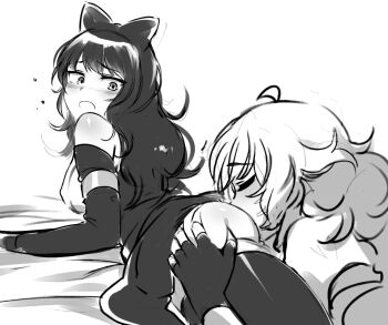 2girls anilingus ass ass_grab black_hair blake_belladonna bow convenient_censoring closed_eyes face_in_ass female_focus fingerless_gloves bad_tag gloves long_hair looking_at_another looking_back lying moaning monochrome multiple_girls ndgd on_stomach open_mouth oral rwby surprised yang_xiao_long yuri