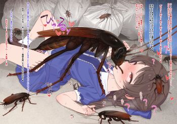 1girl @_@ bar_censor bestiality blue_dress blush brown_hair bug censored clothing_aside cockroach collarbone collared_dress dress french_kiss hair_ribbon half-closed_eyes half_updo hypnosis idolmaster idolmaster_cinderella_girls insect interspecies kiss lace_trim loafers loli long_hair lying mind_control missionary neku_oneneko on_back oversized_bug panties panties_aside parted_bangs pointless_censoring rape ribbon saliva saliva_trail sex_with_insects shoes sidelocks socks tachibana_arisu trash_bag trash_can twitching underwear vaginal white_panties white_socks