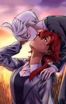 2girls cottonswab336 field formal_clothes from_behind gundam gundam_suisei_no_majo hand_on_another&#039;s_face highres jewelry kiss looking_up miorine_rembran multiple_girls red_hair ring suit suletta_mercury white_hair yuri