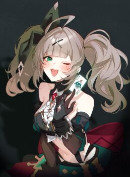 1girl absurdres ahoge bare_shoulders black_background black_gloves black_ribbon blush bridal_gauntlets card commentary_request cynical_sneer_(elsword) detached_sleeves elsword gloves green_eyes grey_hair hair_ornament hair_ribbon highres holding holding_card lithia_beryl_(elsword) long_hair looking_at_viewer midriff n.e.k.o n.e.k.o_(the_four_seasons_of_farewells) navel one_eye_closed open_mouth ribbon sasa_(sa1008va) shadow simple_background smile solo stomach teeth twintails upper_teeth_only ushio x_hair_ornament yoichi_yukimura