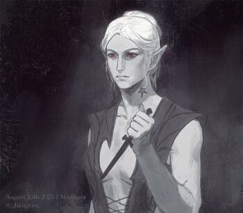 Rule 34 | 1girl, artist name, baldur's gate, baldur's gate 3, character name, dagger, dark elf, dated, dungeons & dragons, dungeons &amp; dragons, elf, greyscale, hair bun, highres, holding, holding dagger, holding knife, holding weapon, jiangxing, knife, minthara, monochrome, neck tattoo, parted lips, photo-referenced, pointy ears, red eyes, short hair, single hair bun, solo, spot color, tattoo, weapon