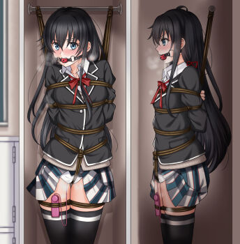 1girl absurdres arms_behind_back awazake_(2wairu) ball_gag bdsm black_hair black_jacket black_thighhighs blue_eyes blue_skirt blush bondage bound bound_arms bound_legs breasts breath buttons cardigan clothes_lift collared_shirt controller cowboy_shot crotch_rope drooling egg_vibrator embarrassed female_focus from_side gag gagged grey_cardigan hair_between_eyes highres in_locker indoors jacket long_hair long_sleeves looking_at_viewer miniskirt multiple_views neck_ribbon nose_blush open_mouth panties plaid_clothes plaid_skirt pleated_skirt pocket profile red_ribbon remote_control remote_control_vibrator ribbon rope saliva school_uniform sex_toy shirt sidelocks skindentation skirt skirt_lift small_breasts standing steam steaming_body teeth thighhighs thighs underwear v-shaped_eyebrows vibrator vibrator_cord vibrator_under_clothes vibrator_under_panties white_panties white_shirt wiffle_gag yahari_ore_no_seishun_lovecome_wa_machigatteiru. yukinoshita_yukino