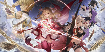 1boy 3girls absurdres arrow_(projectile) black_hair blonde_hair bow_(weapon) breasts brown_eyes card chain child_gilgamesh_(fate) chinese_commentary chloe_von_einzbern class_card_(prisma_illya) cleavage commentary_request detached_sleeves drawing_bow elbow_gloves enkidu_(weapon)_(fate) fate/kaleid_liner_prisma_illya fate_(series) floating_card gilgamesh_(fate) gloves granblue_fantasy_(style) grey_hair hair_ribbon highres holding holding_bow_(weapon) holding_staff holding_weapon illyasviel_von_einzbern kaleidostick magical_girl miyu_edelfelt multiple_girls navel outstretched_arm outstretched_hand red_eyes ribbon shrug_(clothing) skirt staff stairs thighhighs weapon white_gloves white_skirt yijian_ma zettai_ryouiki