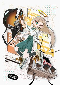 1girl angel_wings electric_guitar green_eyes guitar halo highres instrument long_hair original pleated_skirt school_uniform shirt shoes skirt solo white_shirt wings yuuho