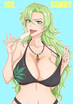 1girl bare_shoulders bikini bleach bleach:_brave_souls bleach:_sennen_kessen-hen breasts candice_catnipp collarbone english_text female_focus food green_eyes green_hair jewelry kuzi_(artist) large_breasts long_hair looking_at_viewer navel necklace official_alternate_costume open_mouth peace_symbol popsicle quincy_(bleach) simple_background sternritter swimsuit tongue tongue_out upper_body wet