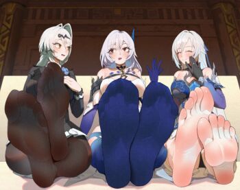 3girls barefoot blue_thighhighs blush feet genshin_impact honkai:_star_rail honkai_(series) jingliu_(honkai:_star_rail) long_hair looking_at_another multiple_girls open_mouth panties pantyhose pantyshot qingjiao_rou_si red_eyes skirk_(genshin_impact) smile soles thighhighs toes underwear white_hair yellow_eyes yixuan_(zenless_zone_zero) zenless_zone_zero