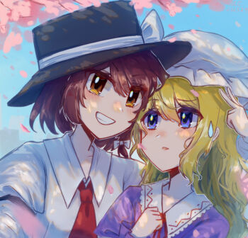 2girls armlet blonde_hair blue_eyes bow brown_eyes brown_hair cherry_blossoms clear_sky clenched_hand fedora hat hat_bow jewelry juliet_sleeves long_sleeves maribel_hearn mob_cap multiple_girls neck_ribbon necktie puffy_sleeves purple_shirt red_necktie ribbon shirt sky smile touhou upper_body usami_renko v white_shirt ze._(user_upyh7534)