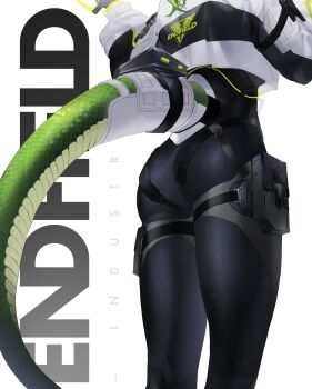 1girl arknights arknights:_endfield ass black_bodysuit bodysuit commentary copyright_name feet_out_of_frame fluorite_(arknights) green_hair green_tail head_out_of_frame highres lizard_tail long_sleeves puffy_long_sleeves puffy_sleeves reptile_girl s11puha solo standing tail